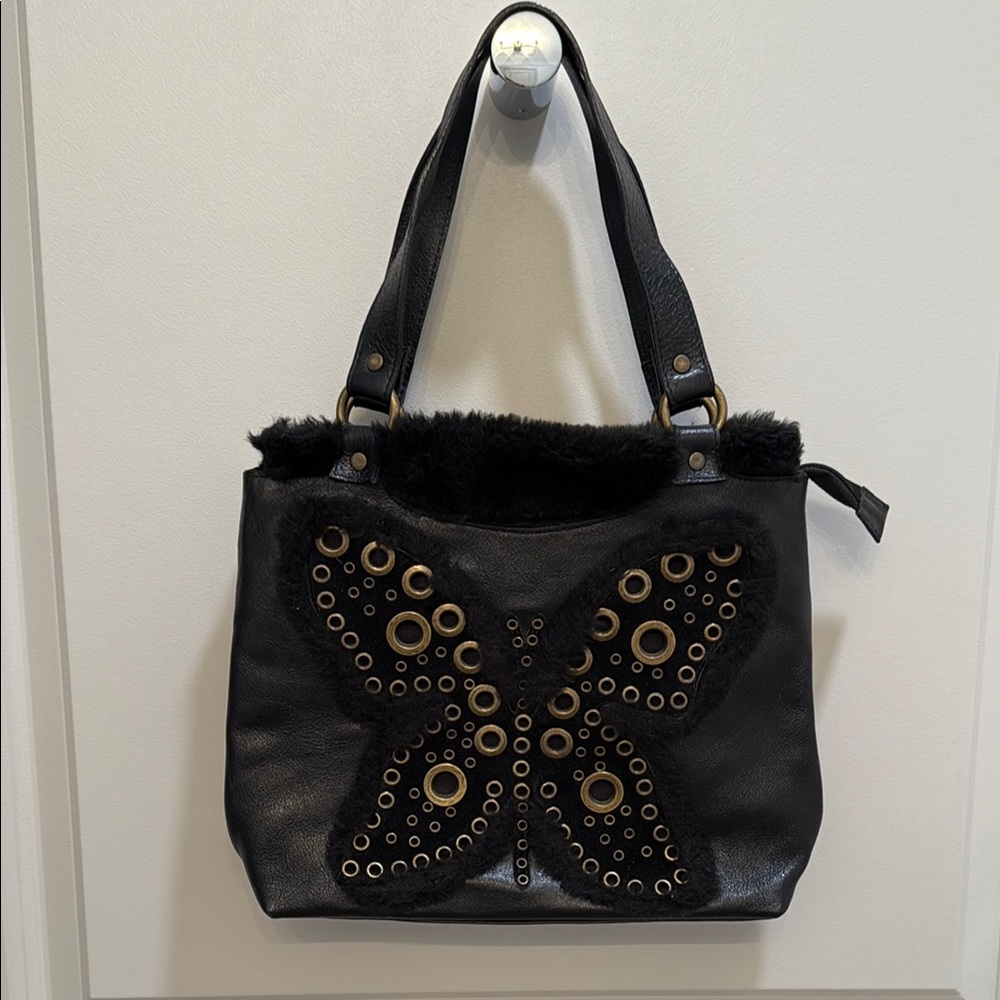 Black Leather Butterfly Tote Bag